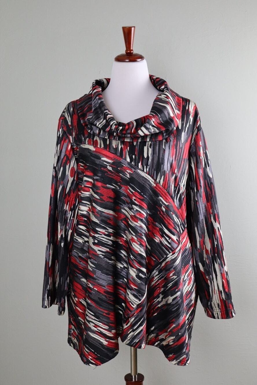 ALI MILES Cowl Neck Metallic Abstract Printed Stretch Tunic Top Size 3X